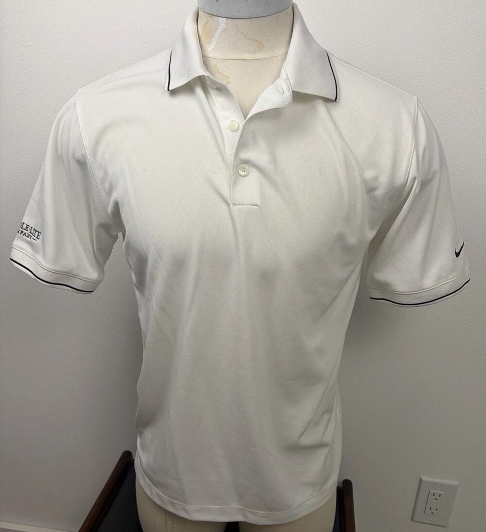 Nike Golf Dri FIT Polo Mens M White Navy Piping Short Sleeve Performance